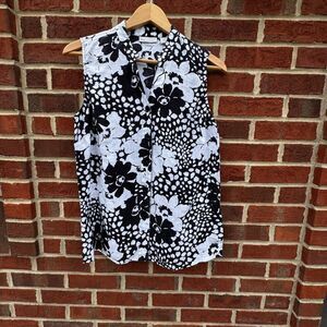 Tweeds 100% Linen Shirt Womens Medium Black White Floral Sleeveless